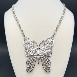 Vintage Butterfly Necklace Silver Tone Filigree Articulated Large Pendant Fairy